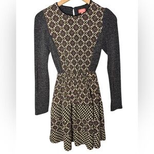 Plastic Island Geometric Mosaic Knit Long Sleeve Cinched Waist Dress Sz M